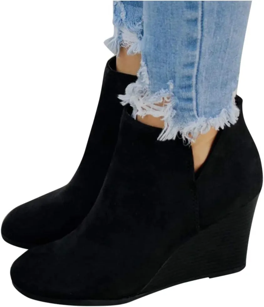 Ankle Boots for Women Fashion V Cut Split Shaft Shoes Side Zipper Stacked Wedge Chunky Heel Comfortable Short Boots
