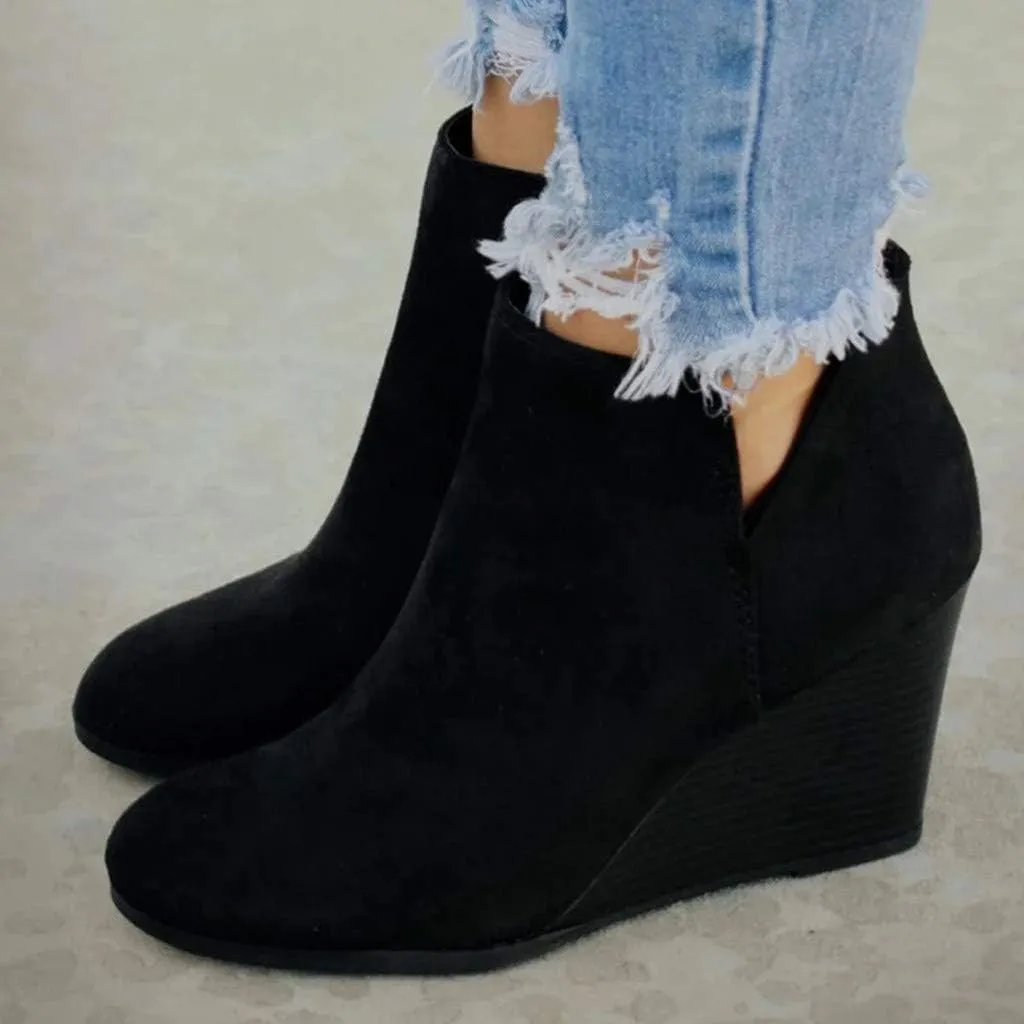 Ankle Boots for Women Fashion V Cut Split Shaft Shoes Side Zipper Stacked Wedge Chunky Heel Comfortable Short Boots