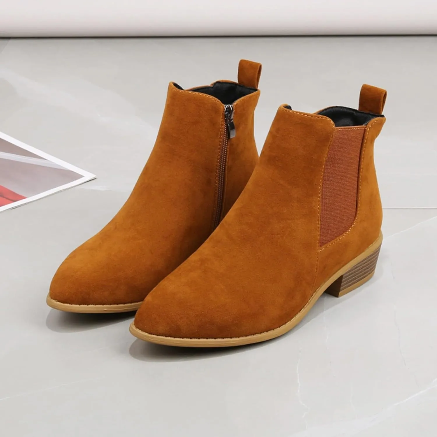 Ankle Boots for Women, Low Heel Dressy Fashion Pointed Toe Faux Stacked Chunky Block Heels Side Zipper Booties Shoes