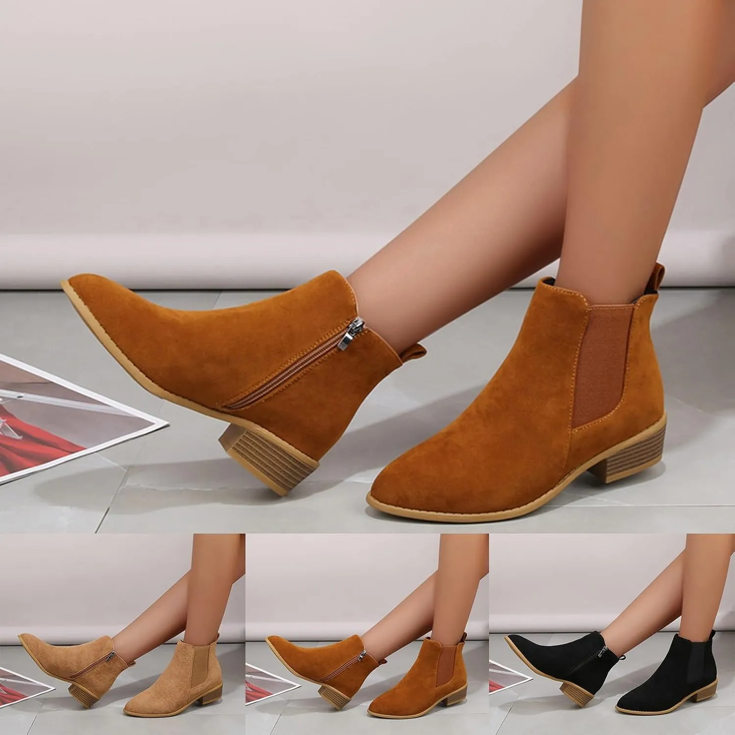 Ankle Boots for Women, Low Heel Dressy Fashion Pointed Toe Faux Stacked Chunky Block Heels Side Zipper Booties Shoes