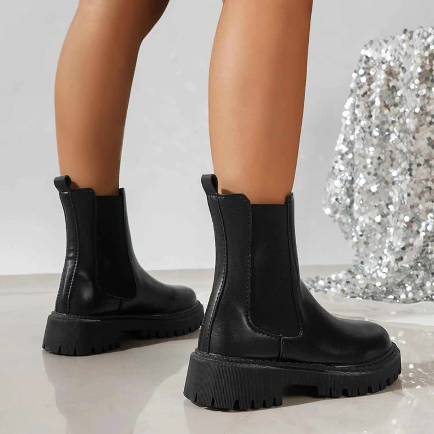 Ankle Boots for Women Round Toe Chunky No Heel Booties Chelsea Ankle Boots Pull-On Fashion Casual Comfortable Ankle Shoes