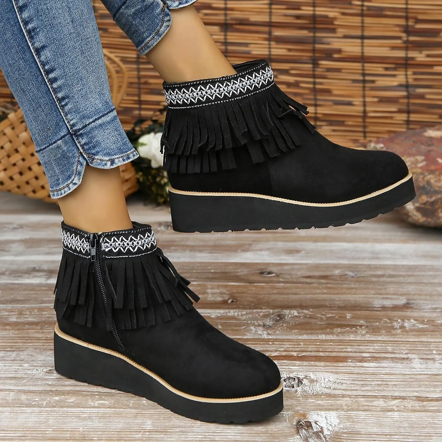 Ankle Boots for Women With Low Heel Women's Tassel Cowboys Ankle Boots Classic Vintage Round Toe Slip On Western Booties