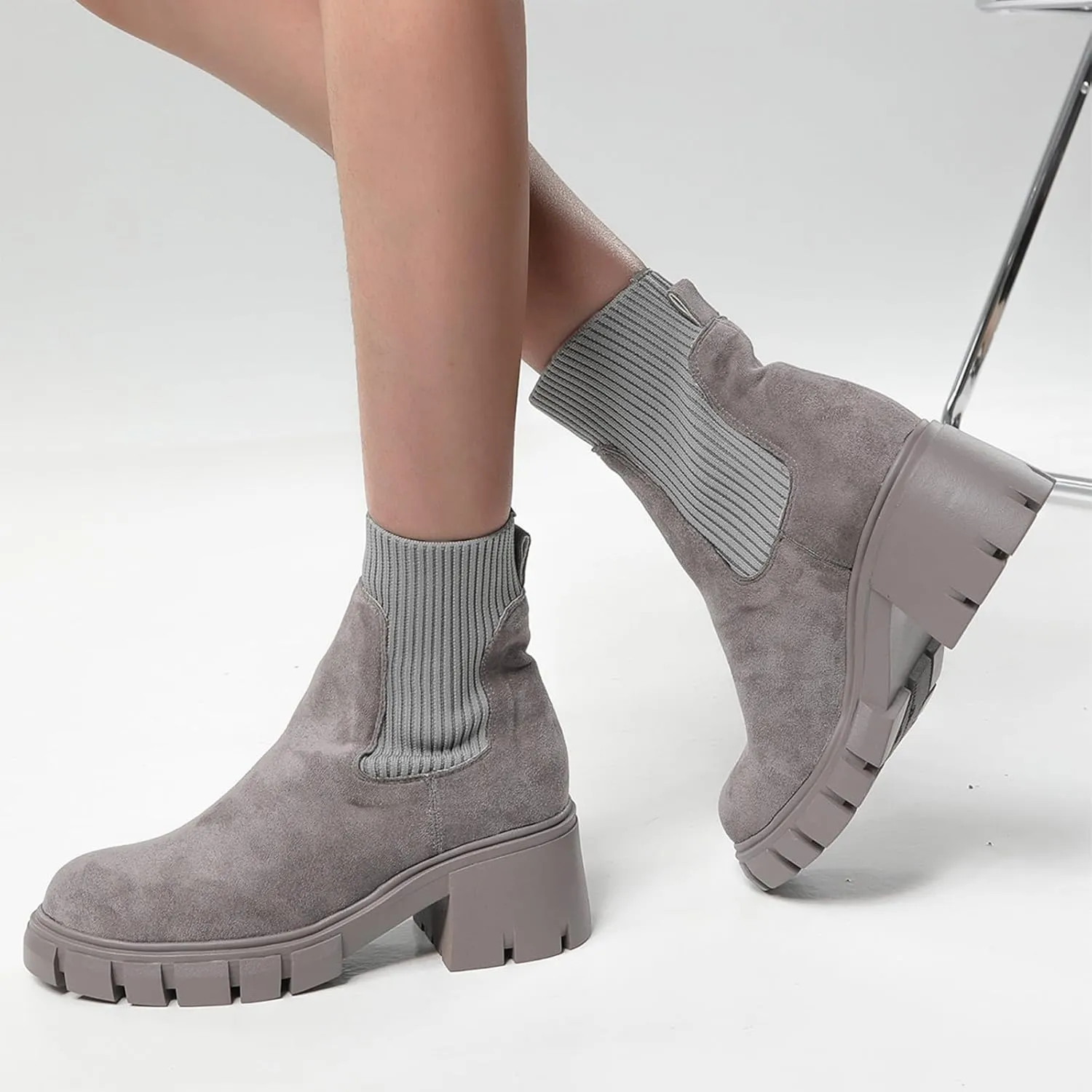Ankle Boots for Women, Women's Elastic Chunky Block Heel Chelsea Boots Platform Sole Non-Slip Combat Ankle Booties