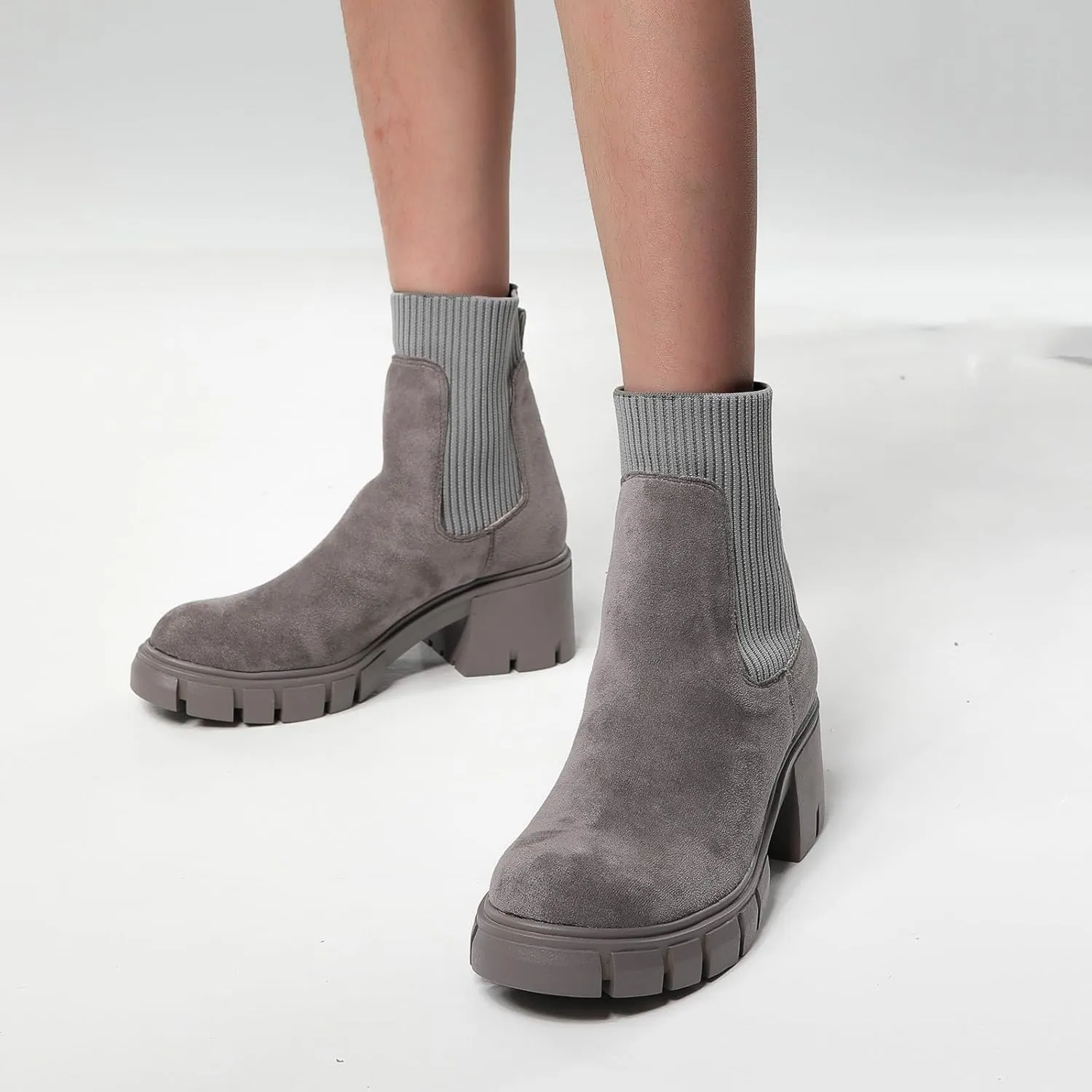 Ankle Boots for Women, Women's Elastic Chunky Block Heel Chelsea Boots Platform Sole Non-Slip Combat Ankle Booties