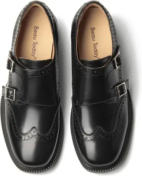 BEAU TODAY Loafers for Women, Monk Strap Brogue Leather Loafer Shoes for Women, Comfortable Square Toe Loafer Flats, Business Casual Vintage Dress Shoes