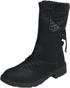 Boots for Women Lace-up Fur Lined Mid Calf Shoes Round Toe Waterproof Winter Snow Booties Heel Chunky Thick with Side Zipper