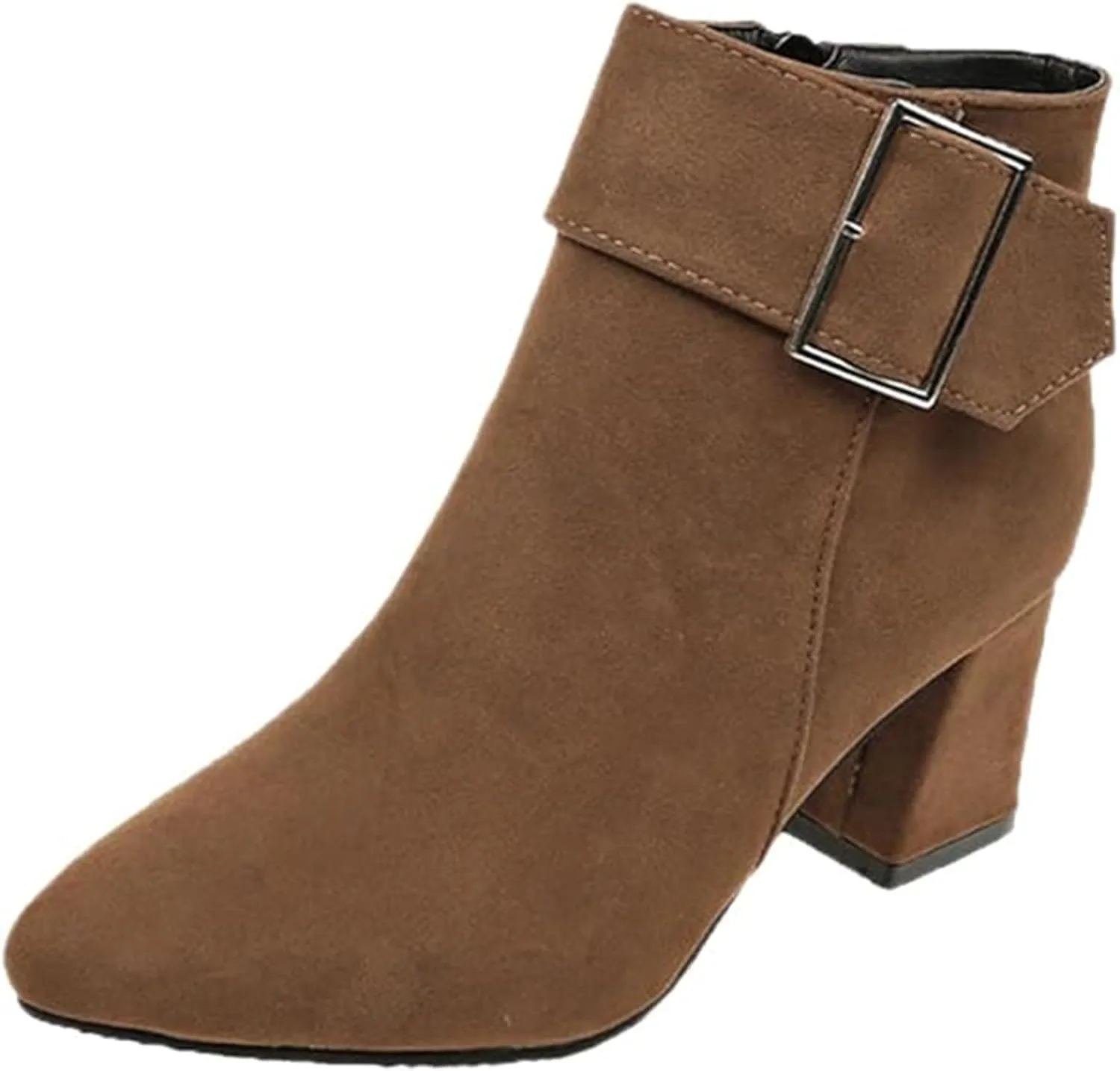 Boots for Women, Retro Solid Color Pointed Toe Side Zipper Mid-Heel Boots Women's Suede Chunky Heel Boots With Buckle Strap