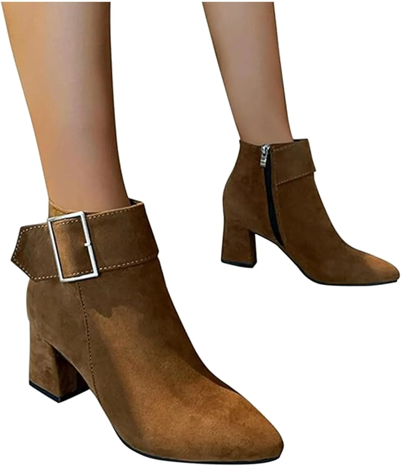 Boots for Women, Retro Solid Color Pointed Toe Side Zipper Mid-Heel Boots Women's Suede Chunky Heel Boots With Buckle Strap