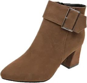 Boots for Women, Retro Solid Color Pointed Toe Side Zipper Mid-Heel Boots Women's Suede Chunky Heel Boots With Buckle Strap