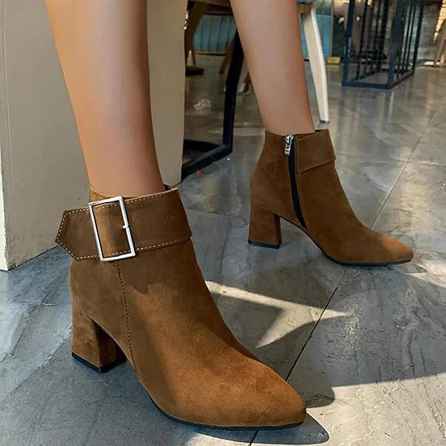 Boots for Women, Retro Solid Color Pointed Toe Side Zipper Mid-Heel Boots Women's Suede Chunky Heel Boots With Buckle Strap