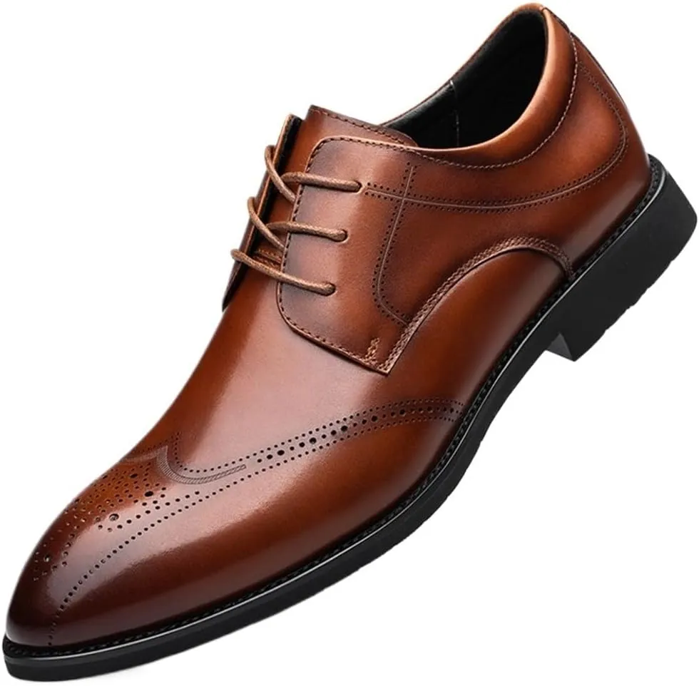 Breathable Dress Oxford for Men Pointed Toe Leather Cap Toe New Shoes Lace Up Rubber Low Top Non Slip Prom