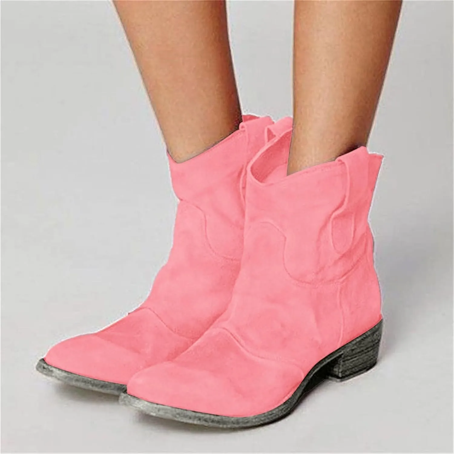 Cowboy Boots for Women Retro Faux Suede Modern Western Embroidered Chunky Heel Pointed Toe Pull-Up Zip-up Fall Ankle Booties