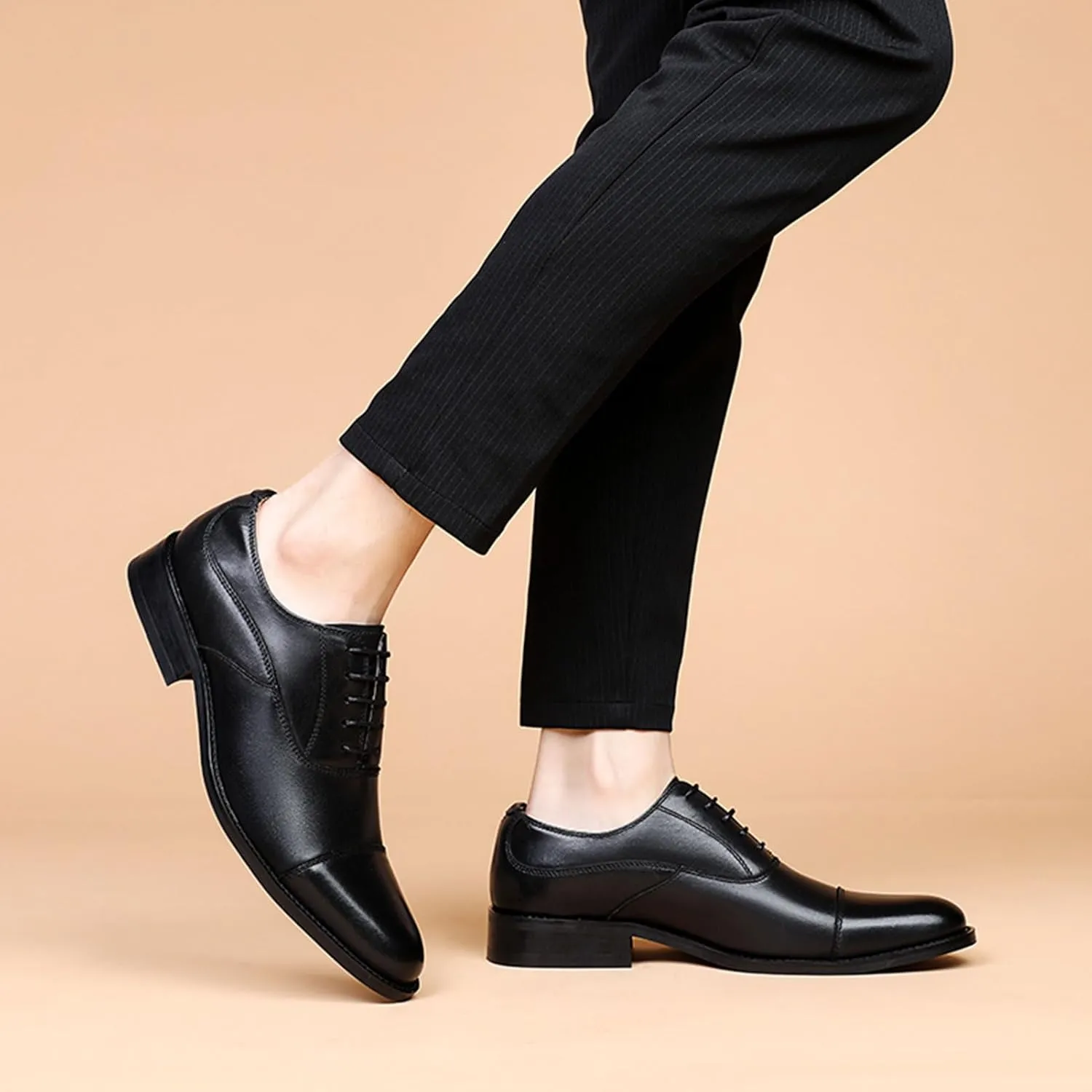 Men's Oxfords Cap Toe Leather Tuxedo Dress Shoes Classic Lace-up Breathable Formal Casual Shoes Walking Office Loafers Work Flats