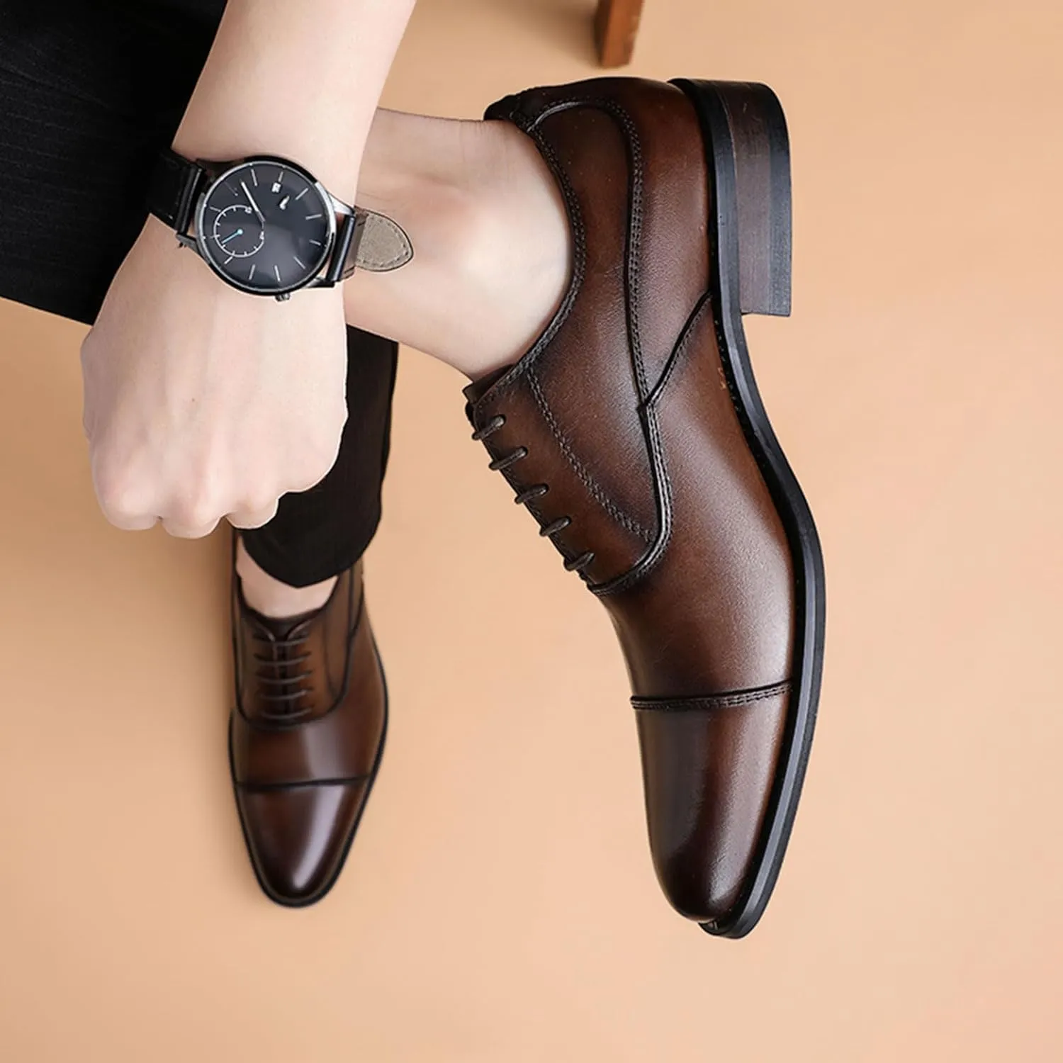 Men's Oxfords Cap Toe Leather Tuxedo Dress Shoes Classic Lace-up Breathable Formal Casual Shoes Walking Office Loafers Work Flats