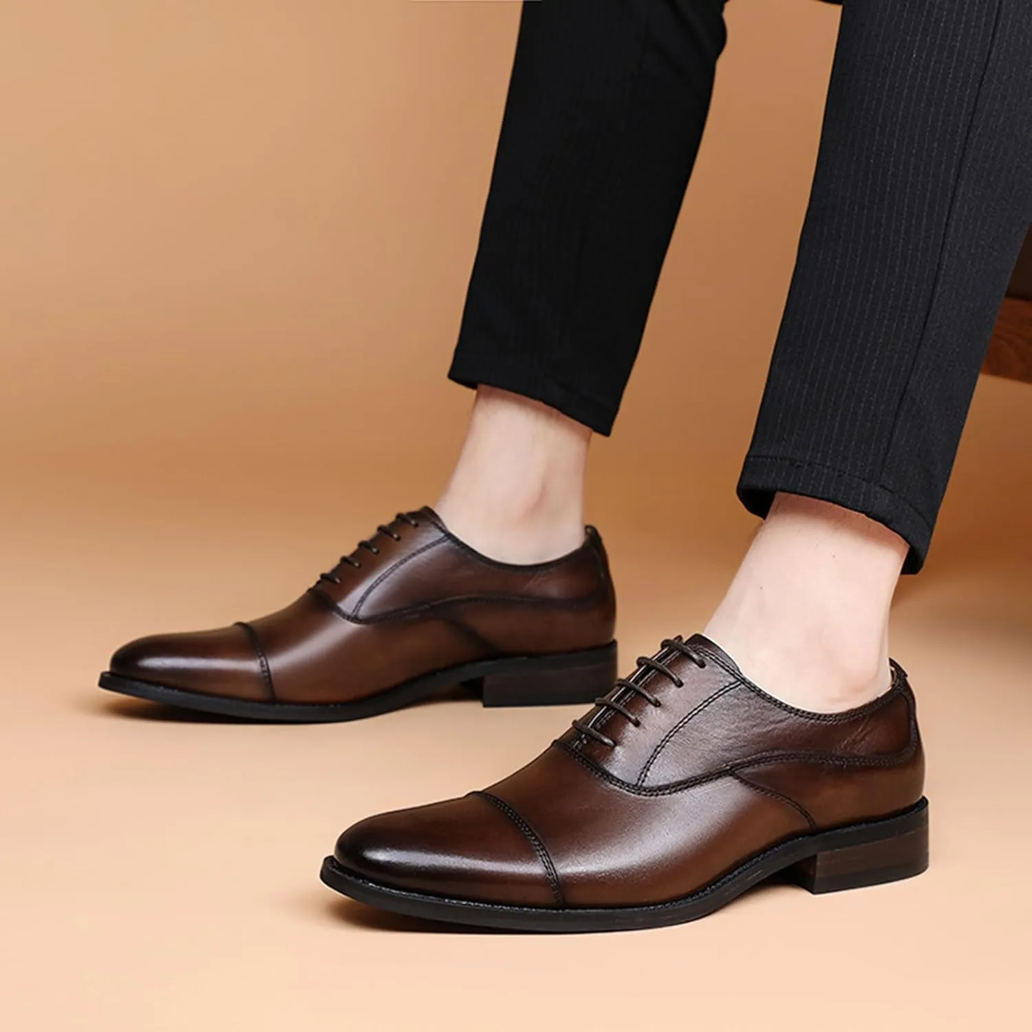 Men's Oxfords Cap Toe Leather Tuxedo Dress Shoes Classic Lace-up Breathable Formal Casual Shoes Walking Office Loafers Work Flats