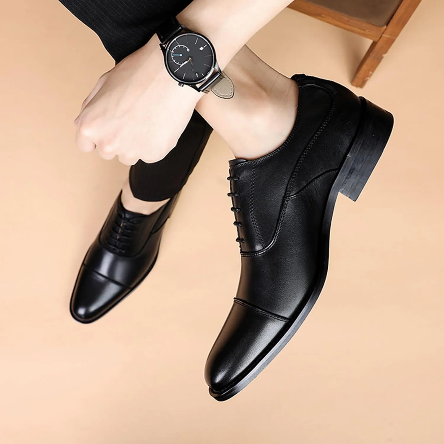 Men's Oxfords Cap Toe Leather Tuxedo Dress Shoes Classic Lace-up Breathable Formal Casual Shoes Walking Office Loafers Work Flats