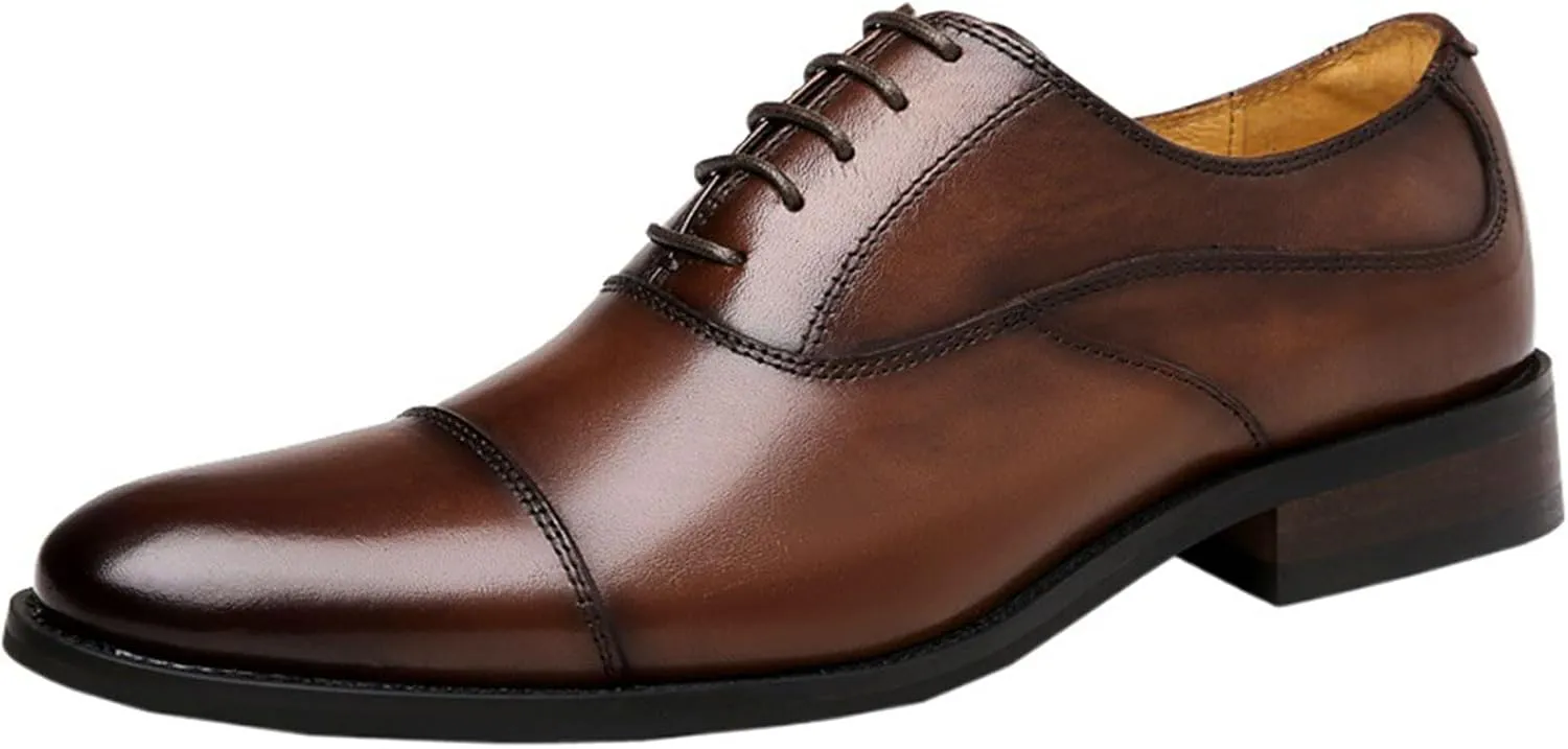 Men's Oxfords Cap Toe Leather Tuxedo Dress Shoes Classic Lace-up Breathable Formal Casual Shoes Walking Office Loafers Work Flats