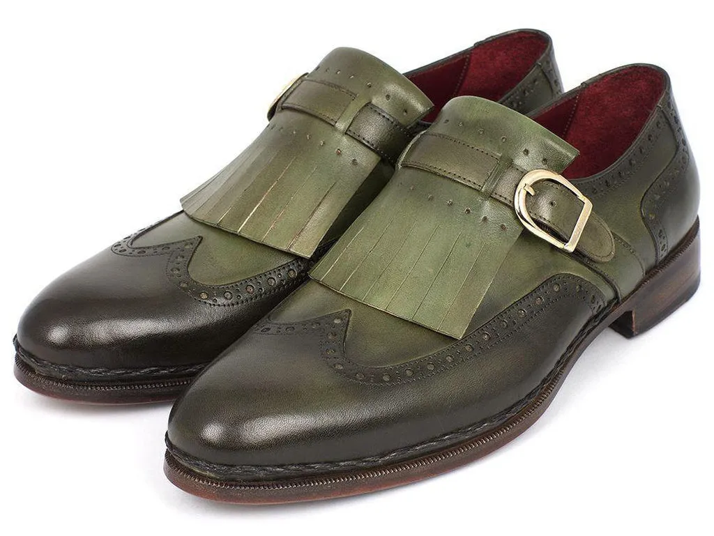 Paul Parkman Men's Wingtip Monkstrap Brogues Green Hand-Painted Leather Upper With Double Leather Sole (ID#060-GREEN)