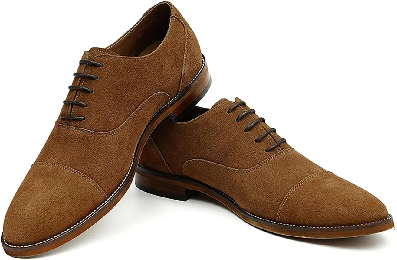 Santimon Men's Handmade Suede Leather Cap Toe Oxfords Fashion Dress Formal Derby Shoes