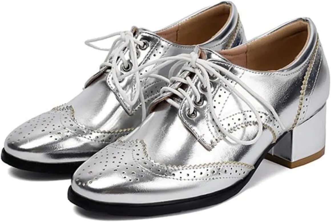 Women's Leather Perforated Lace Up Oxfords Pointed Toe Low Block Heel Brogues Flats Shoes Comfortable Wingtip Derby Saddle Pumps