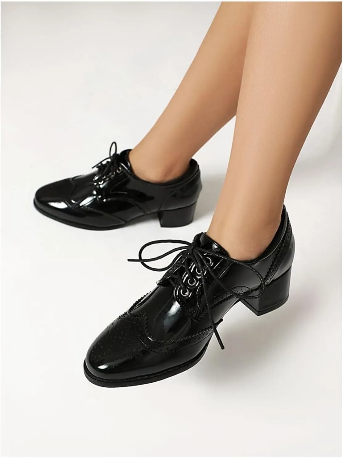 Women's Leather Perforated Lace Up Oxfords Pointed Toe Low Block Heel Brogues Flats Shoes Comfortable Wingtip Derby Saddle Pumps