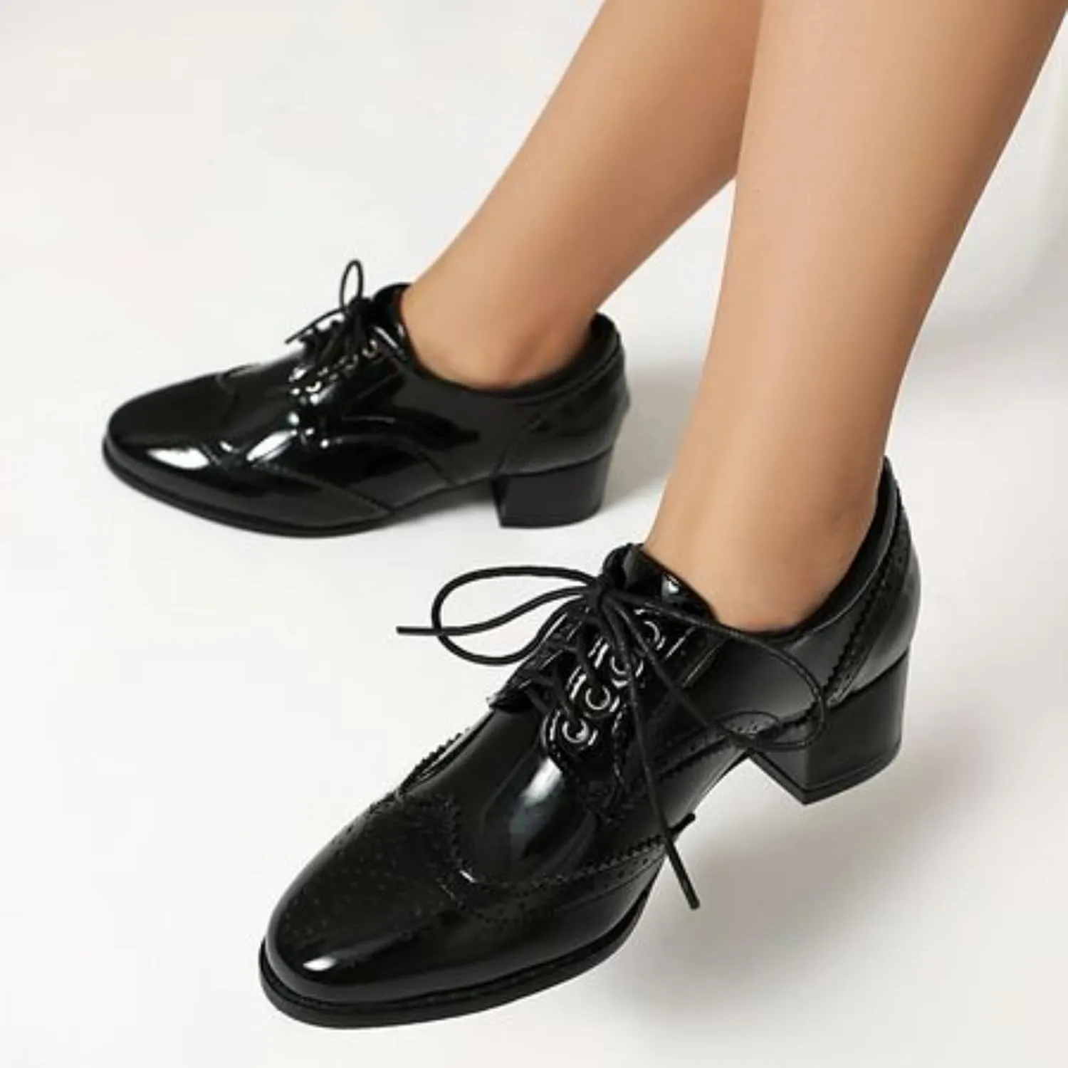 Women's Leather Perforated Lace Up Oxfords Pointed Toe Low Block Heel Brogues Flats Shoes Comfortable Wingtip Derby Saddle Pumps