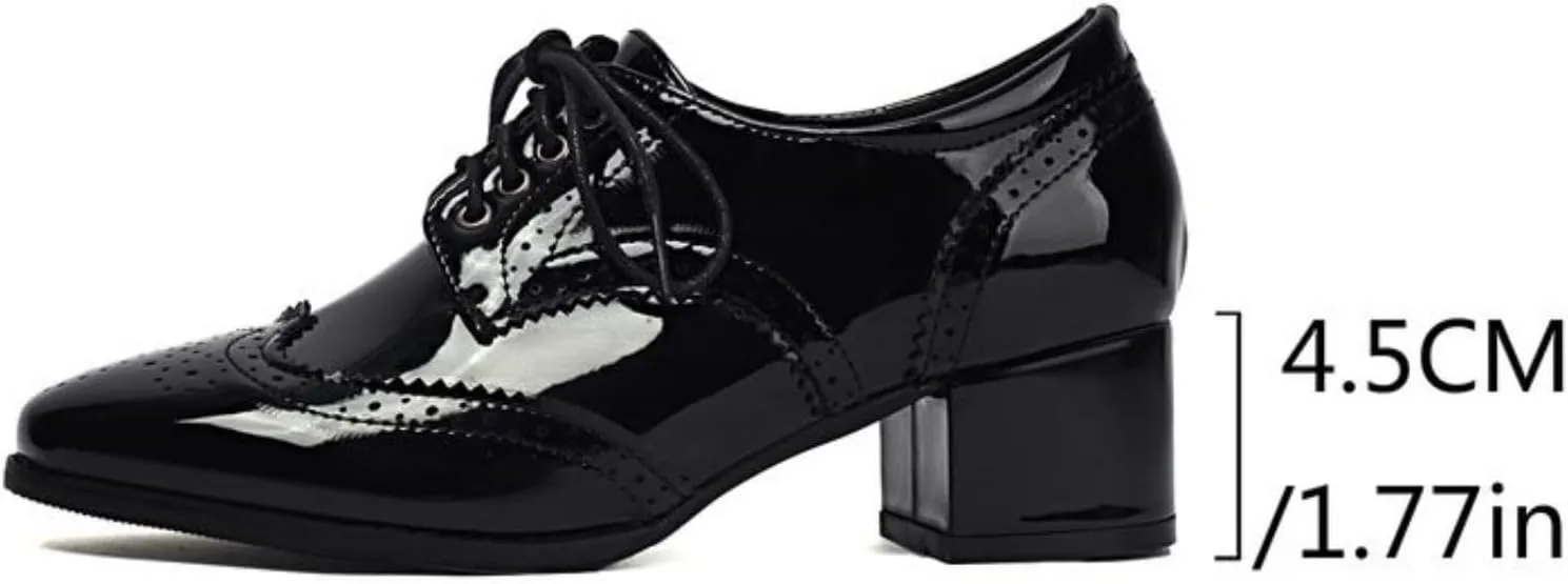 Women's Leather Perforated Lace Up Oxfords Pointed Toe Low Block Heel Brogues Flats Shoes Comfortable Wingtip Derby Saddle Pumps
