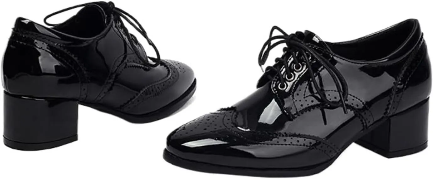 Women's Leather Perforated Lace Up Oxfords Pointed Toe Low Block Heel Brogues Flats Shoes Comfortable Wingtip Derby Saddle Pumps
