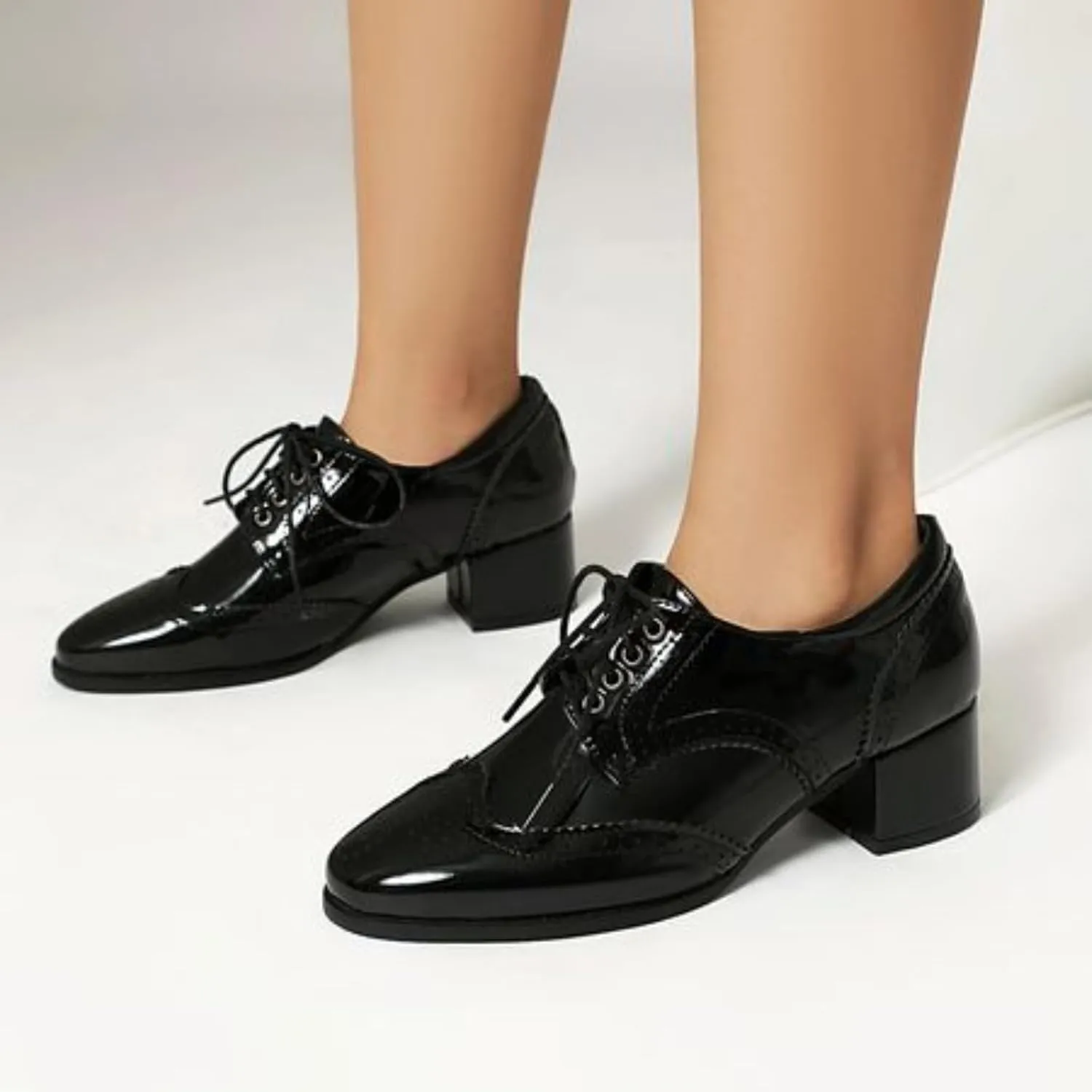 Women's Leather Perforated Lace Up Oxfords Pointed Toe Low Block Heel Brogues Flats Shoes Comfortable Wingtip Derby Saddle Pumps