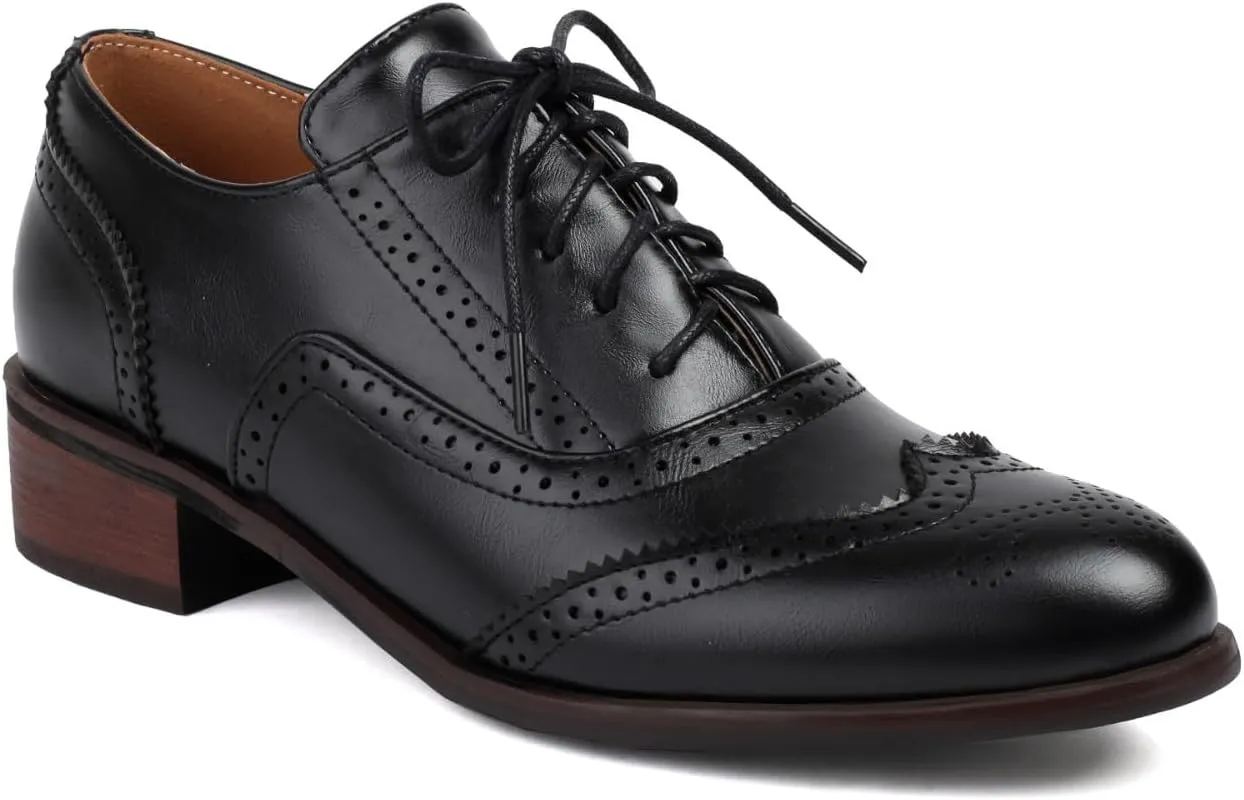 Women's Perforated Lace Up Oxfords Pumps Round Toe Low Chunky Heel Block Patchwork Wingtip Brogues Casual Comfortable Derby Saddle Shoes