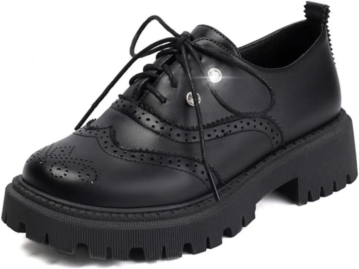 Women's Platform Lace Up Oxfords Shoes Round Toe Chunky Heel Block Wingtip Brogues Casual Loafers Comfortable Derby Saddle Pumps