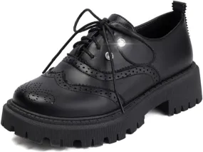 Women's Platform Lace Up Oxfords Shoes Round Toe Chunky Heel Block Wingtip Brogues Casual Loafers Comfortable Derby Saddle Pumps