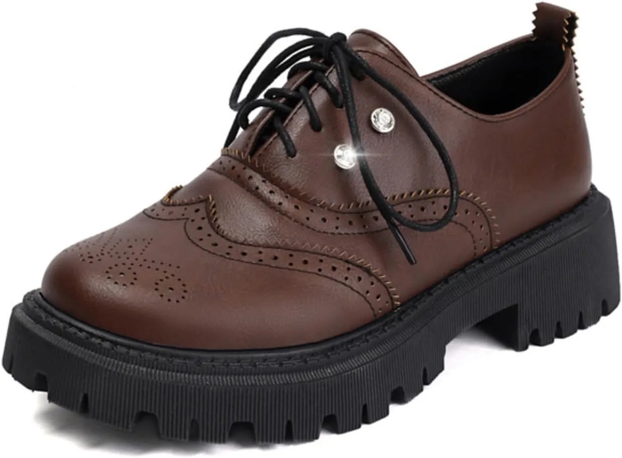 Women's Platform Lace Up Oxfords Shoes Round Toe Chunky Heel Block Wingtip Brogues Casual Loafers Comfortable Derby Saddle Pumps