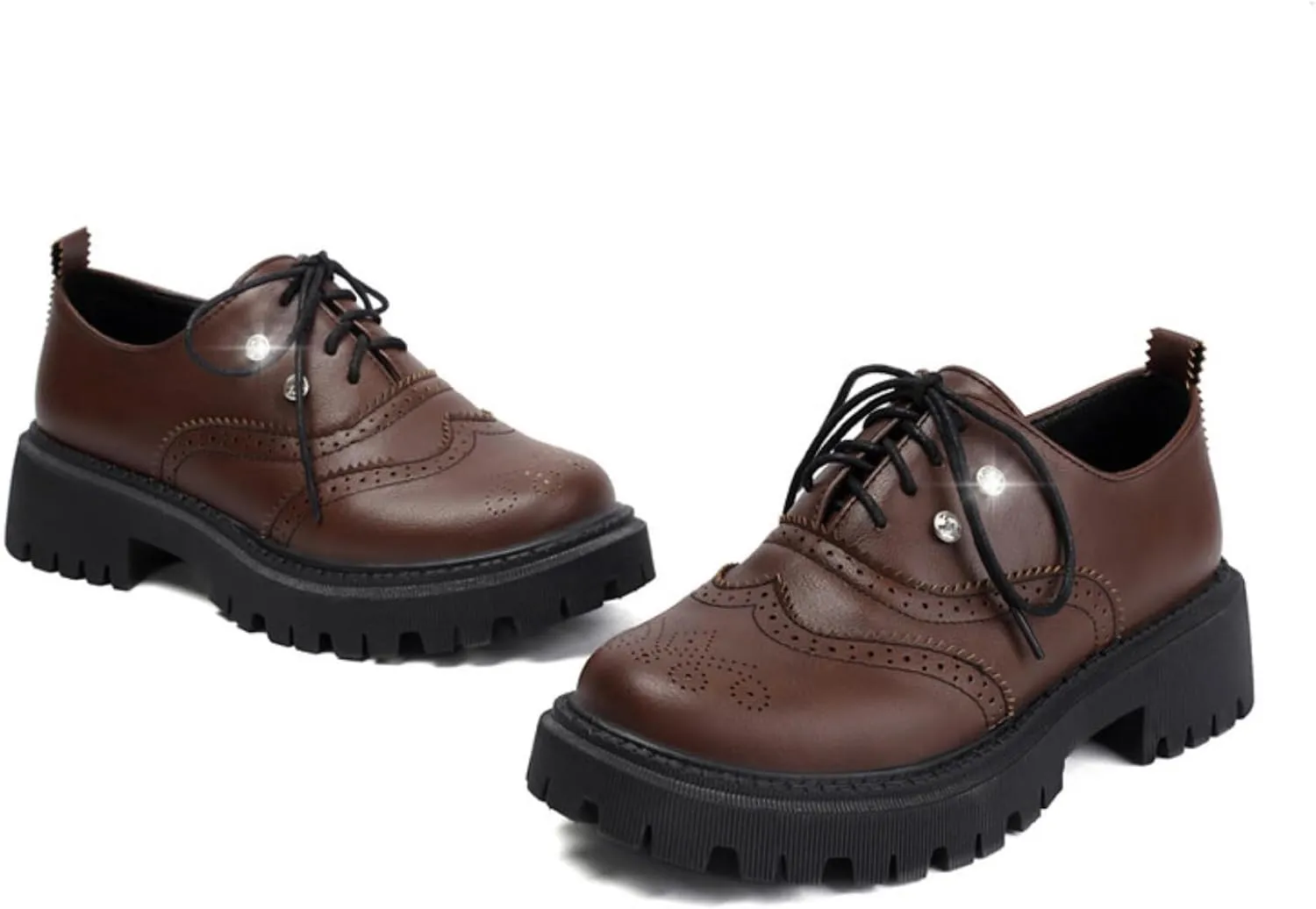 Women's Platform Lace Up Oxfords Shoes Round Toe Chunky Heel Block Wingtip Brogues Casual Loafers Comfortable Derby Saddle Pumps