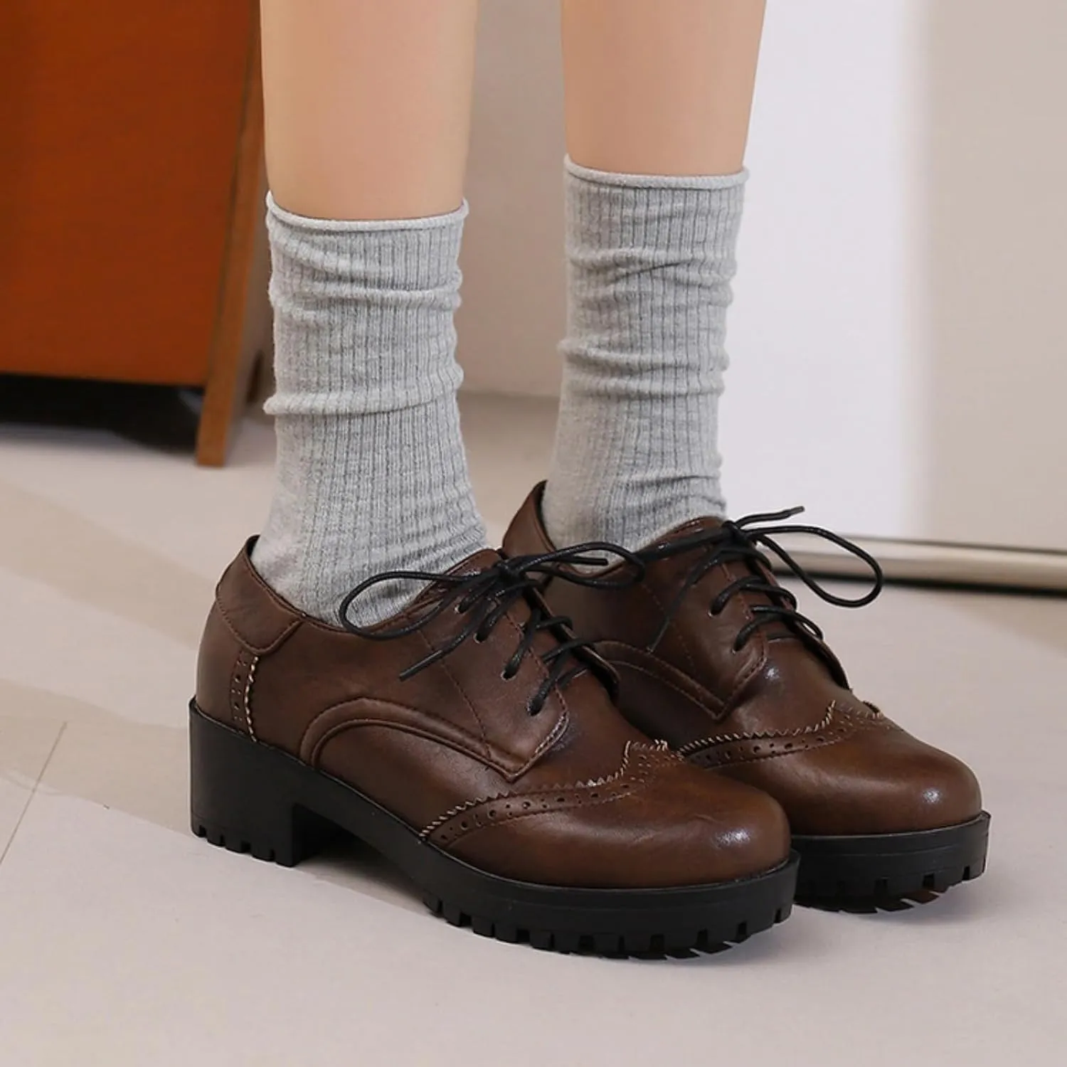 Women's Round Toe Lace-Up Low Platform Chunky Heel Block Oxfords Pumps Comfortable Derby Wingtip Saddle Brogues Loafers Shoes