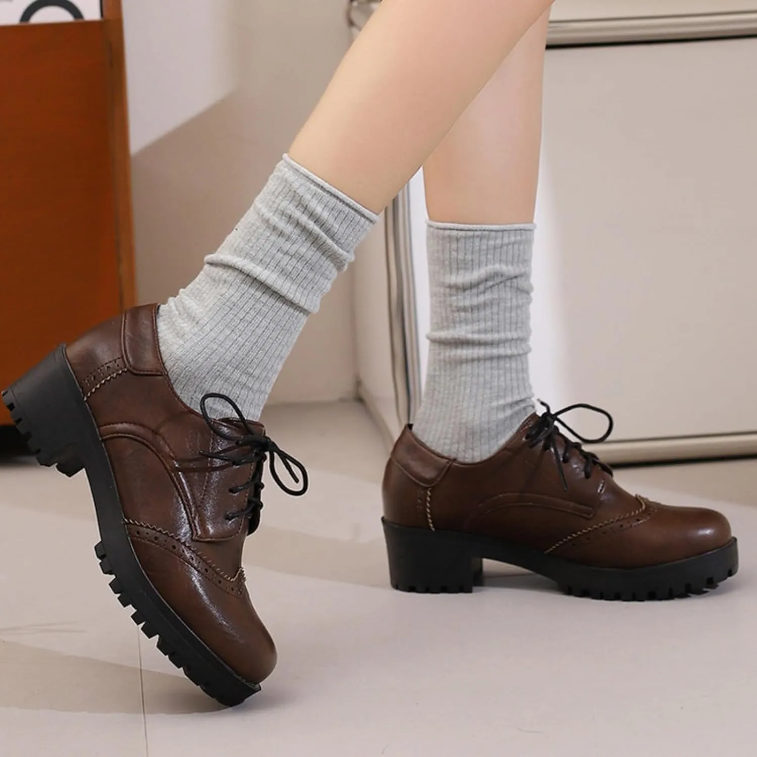 Women's Round Toe Lace-Up Low Platform Chunky Heel Block Oxfords Pumps Comfortable Derby Wingtip Saddle Brogues Loafers Shoes