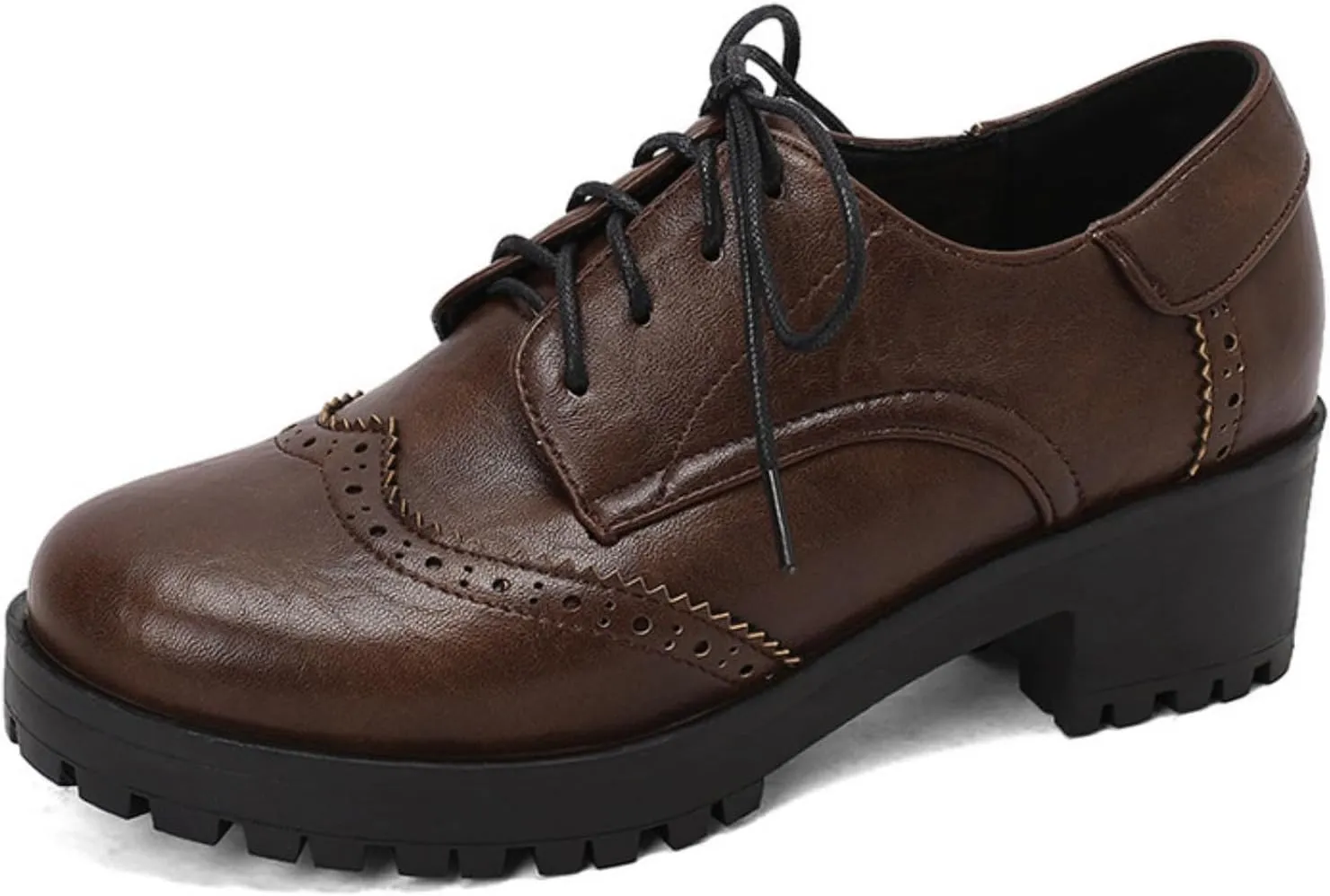 Women's Round Toe Lace-Up Low Platform Chunky Heel Block Oxfords Pumps Comfortable Derby Wingtip Saddle Brogues Loafers Shoes