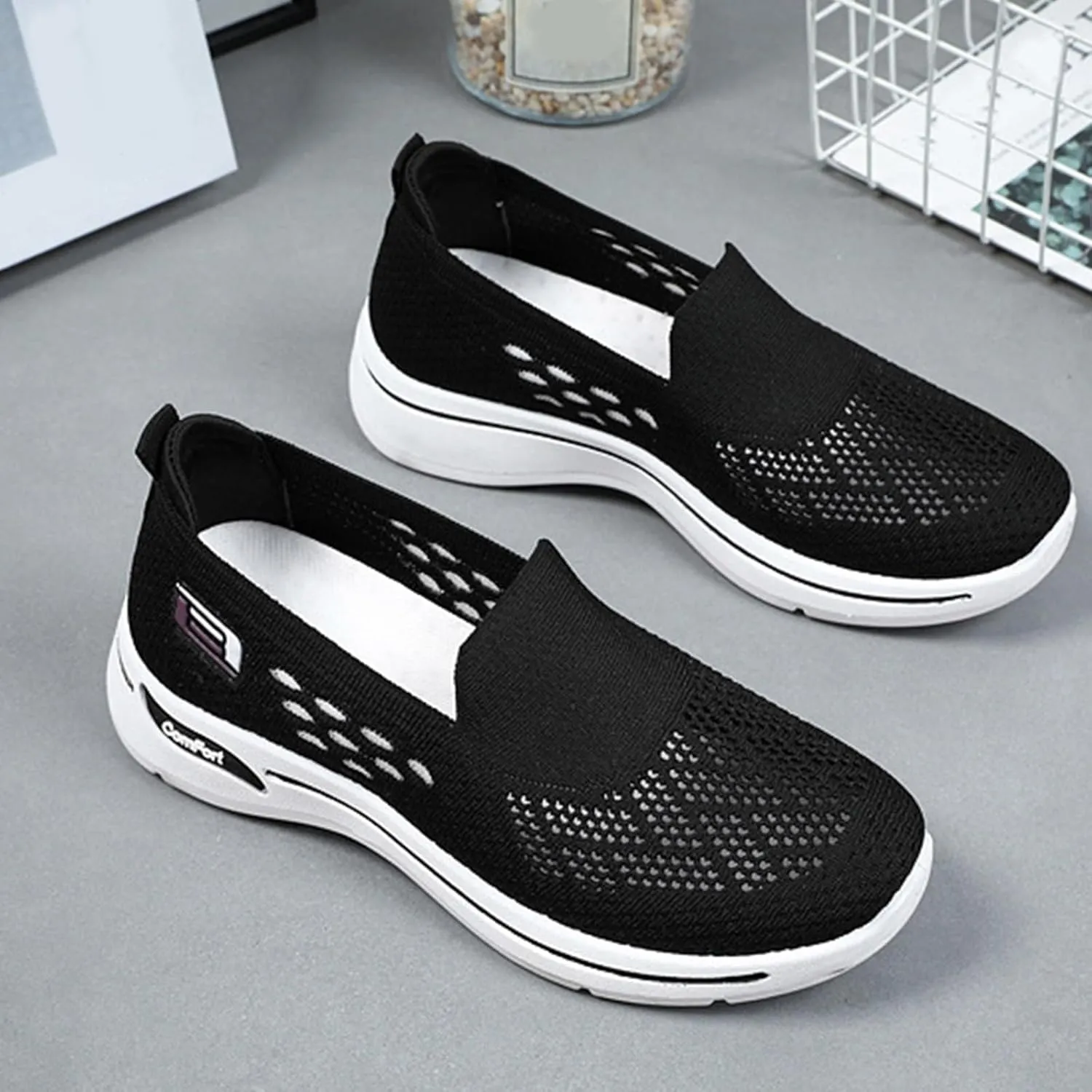 Womens Summer Shoes Woven Orthopedic Breathable Soft Sole Shoes Anti-Skid Sports Shoe Slip On Diabetic Foam Sneakers Mesh Up Sneaker for Arch Support